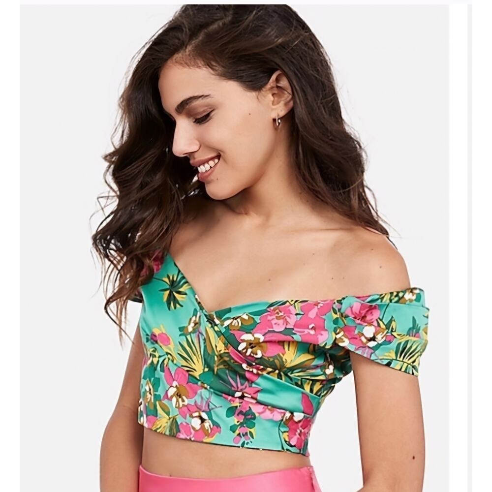 Express‎ x Rocky Barnes Tropical Floral Off Shoulder Crop Top Teal Pink Small